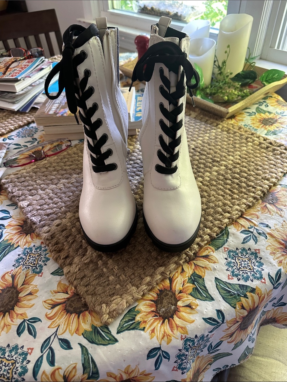 White Lace-Up Combat Boots with Black Laces